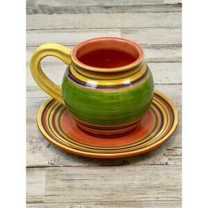 Pacific Rim Santa Fe Mug & Saucer Green Yellow Orange Flat Cup EUC